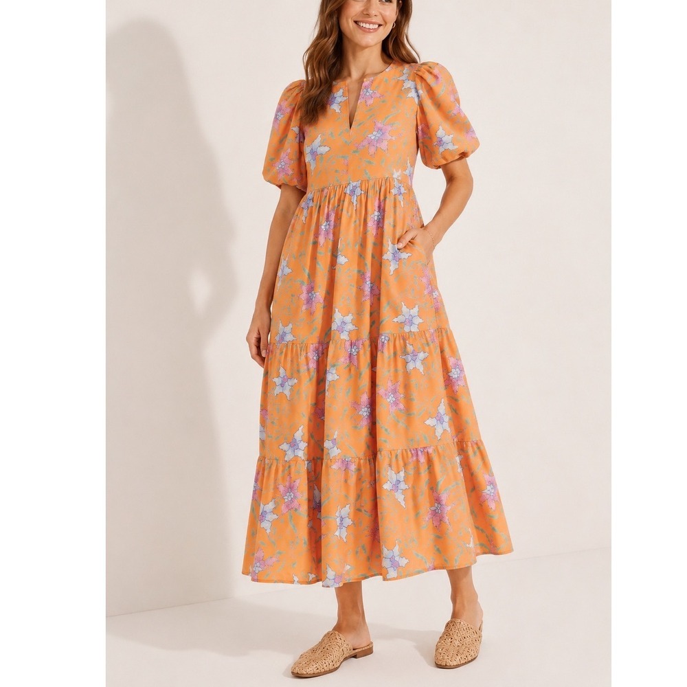 Hyacinth House Cisco Floral Maxi Dress Small Orange Puff Sleeves Side Zip Resort